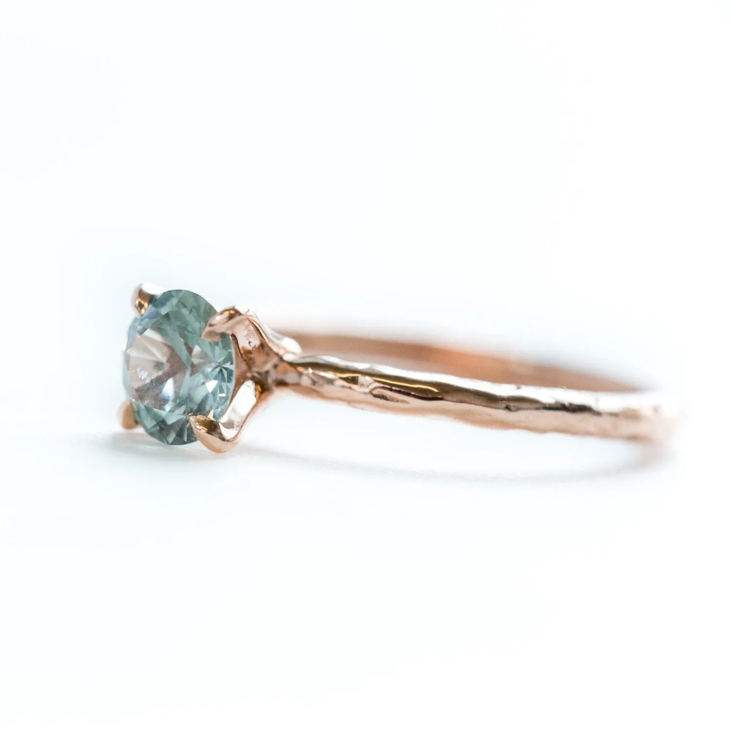 0.78ct Light Blue Green Montana Sapphire Solitaire Ring - Organic Carved Rose Gold 4 Prong- Teal Mermaid Sapphire