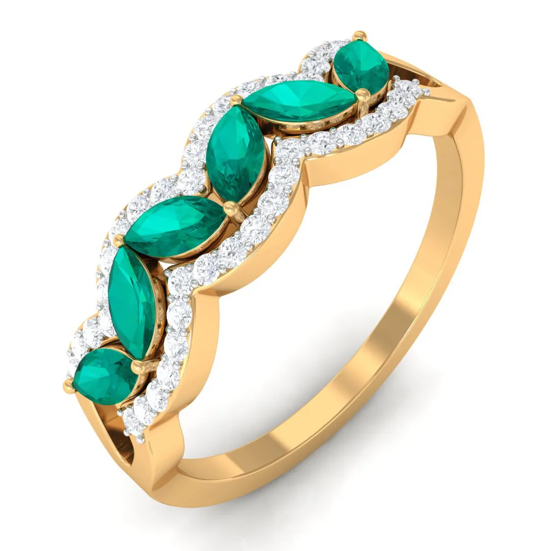 1 CT Minimal Marquise Shape Emerald Anniversary Ring with Diamond Accent