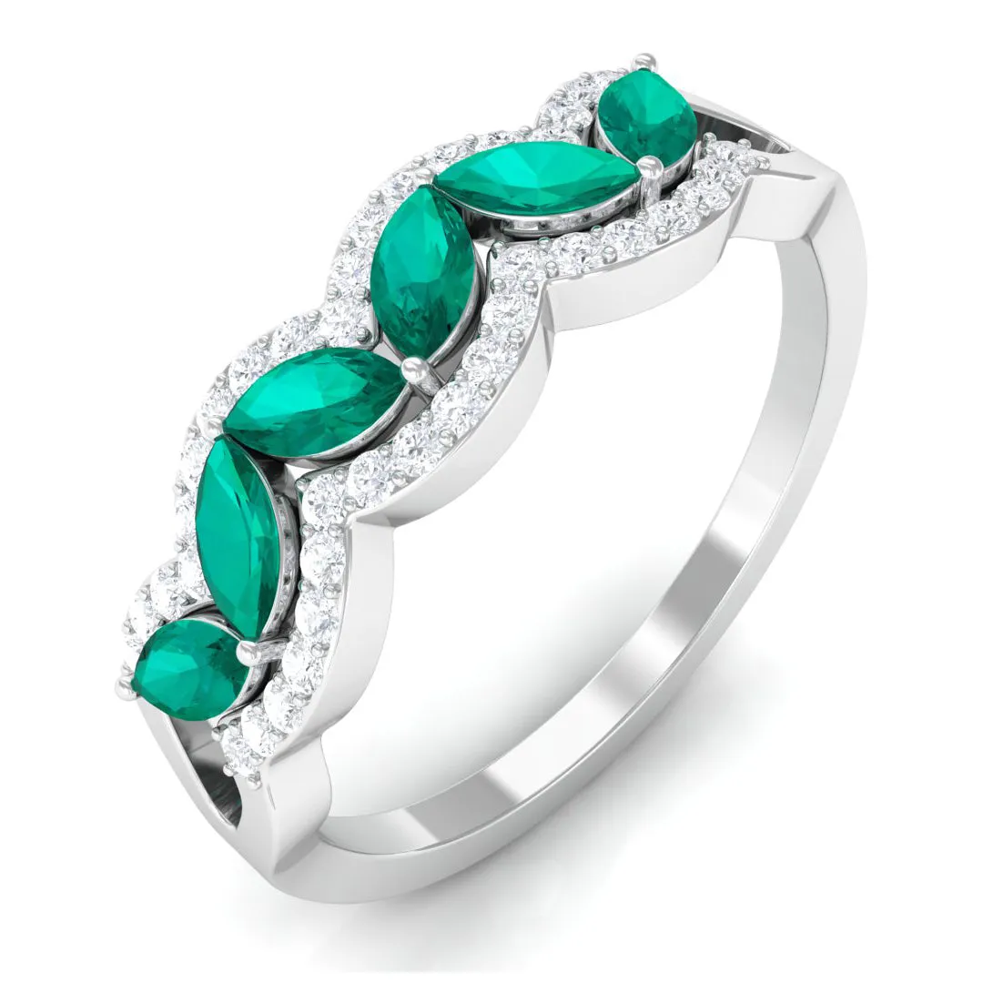 1 CT Minimal Marquise Shape Emerald Anniversary Ring with Diamond Accent