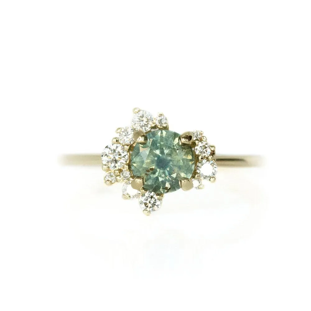 1.00ct Teal Blue Green Montana Sapphire and Asymmetrical Diamond Cluster Ring