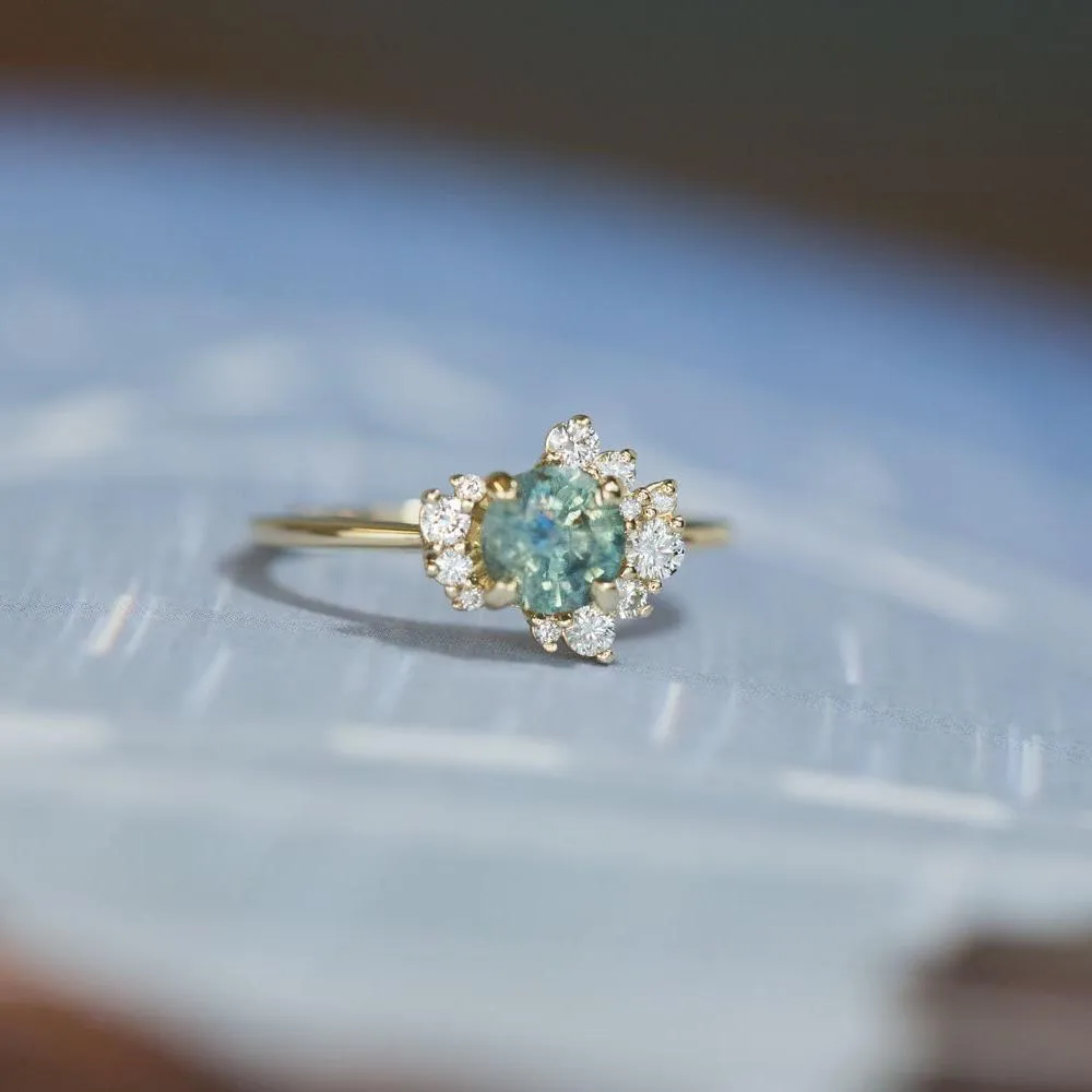 1.00ct Teal Blue Green Montana Sapphire and Asymmetrical Diamond Cluster Ring