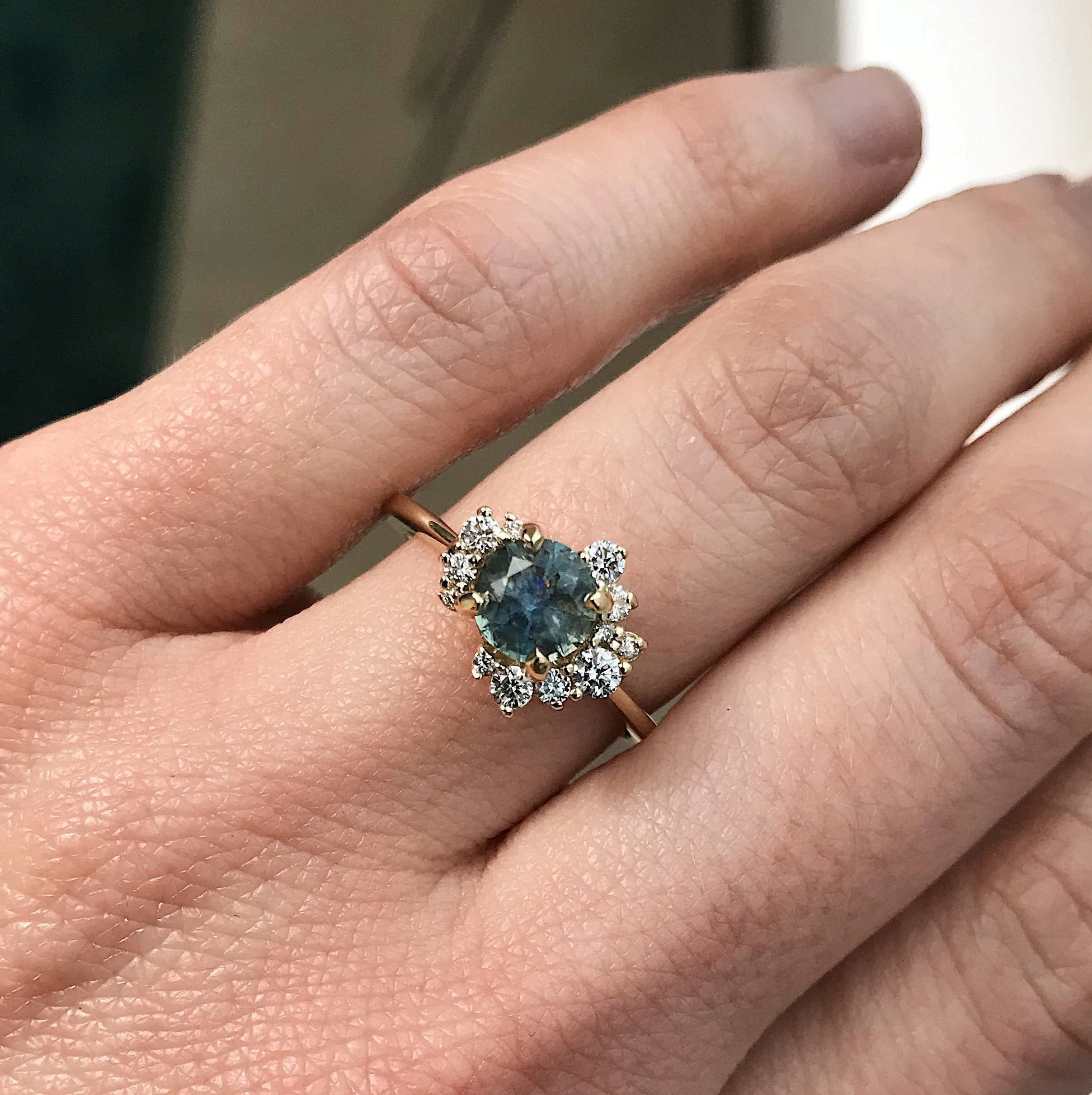 1.00ct Teal Blue Green Montana Sapphire and Asymmetrical Diamond Cluster Ring