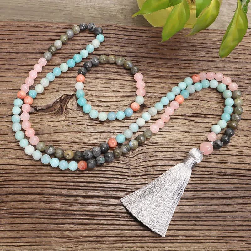 108 Mala Beads Amazonite Black Glitter Stone Positive Tassel Bracelet (Extra 30% Off | USE CODE: FS30)