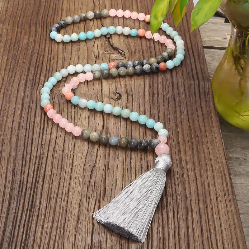 108 Mala Beads Amazonite Black Glitter Stone Positive Tassel Bracelet (Extra 30% Off | USE CODE: FS30)