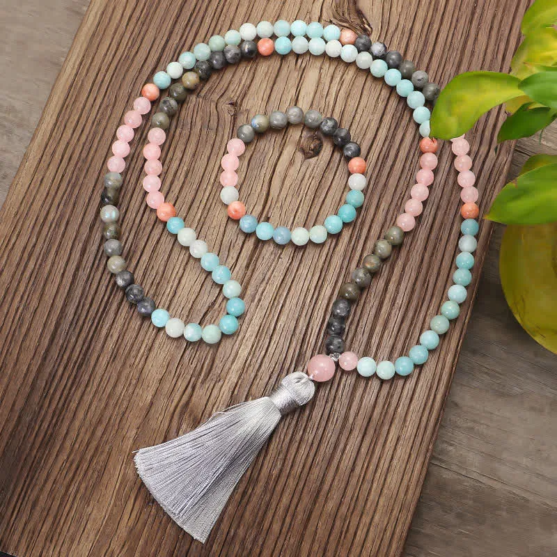 108 Mala Beads Amazonite Black Glitter Stone Positive Tassel Bracelet (Extra 30% Off | USE CODE: FS30)