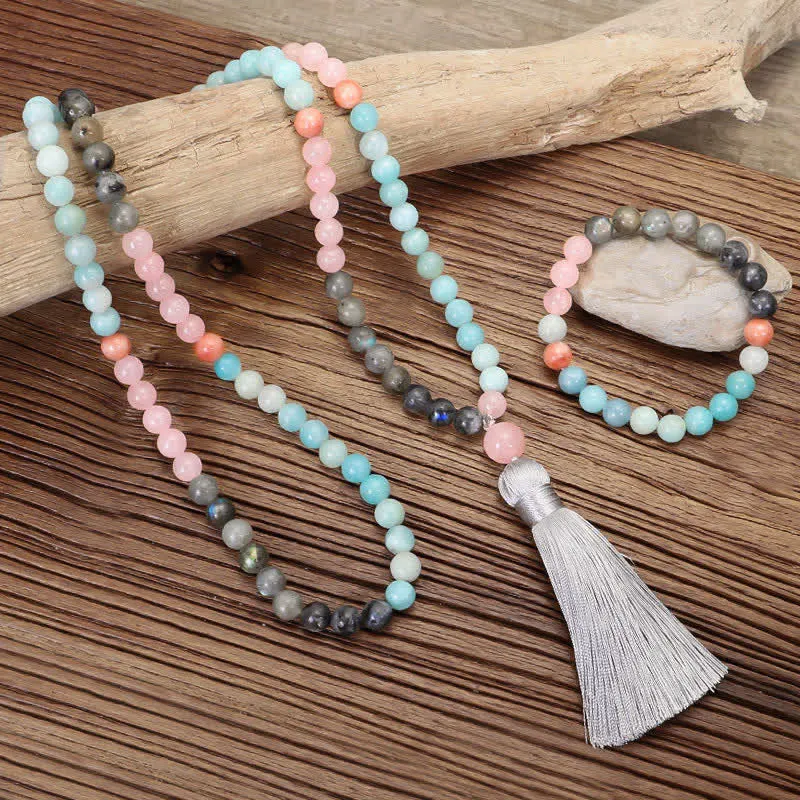 108 Mala Beads Amazonite Black Glitter Stone Positive Tassel Bracelet (Extra 30% Off | USE CODE: FS30)