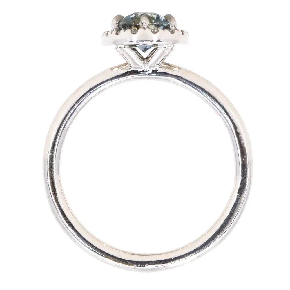 1.08ct Oval Montana Sapphire Six Prong Halo Ring in 14k White Gold