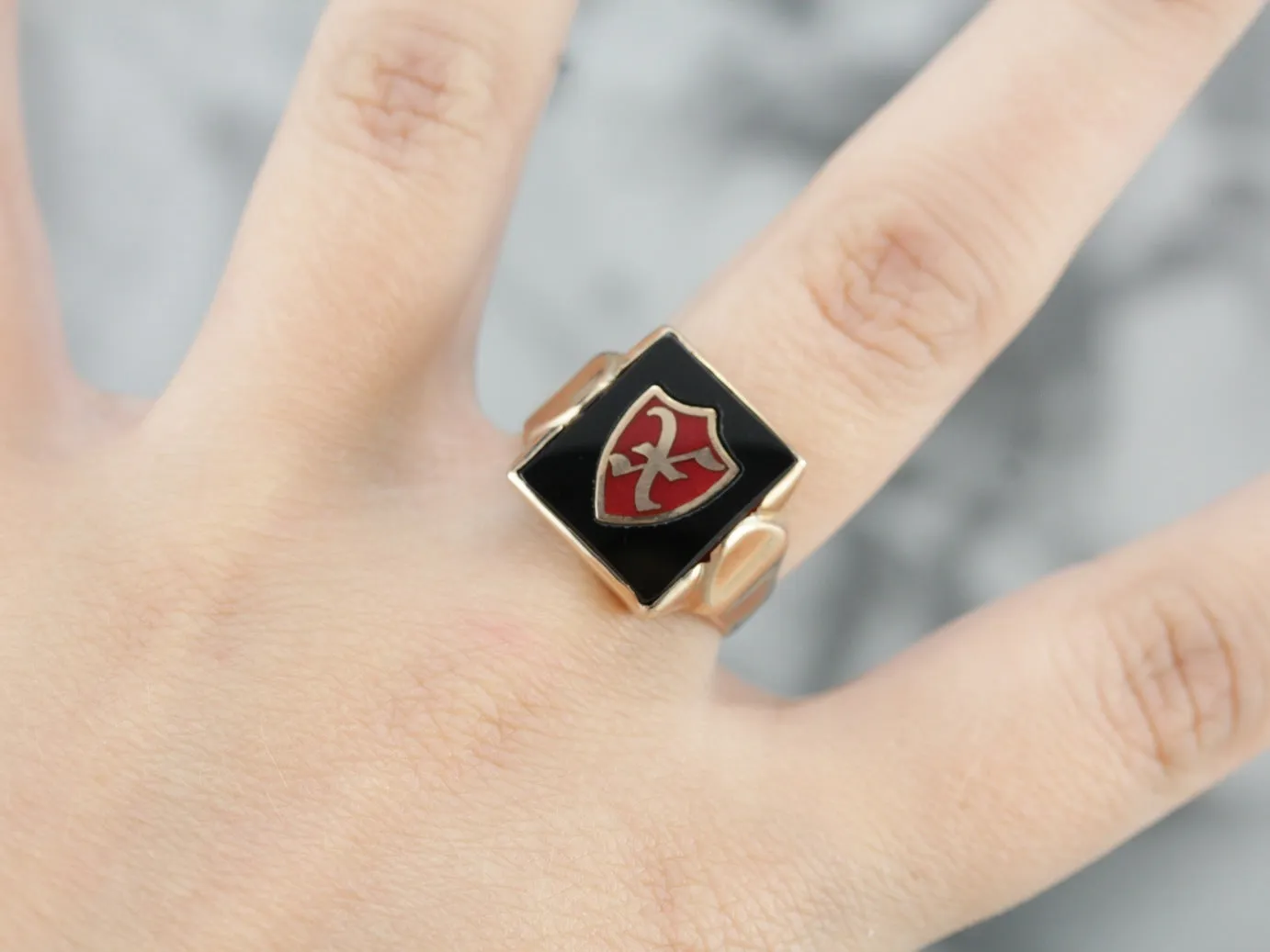 10K Gold Men's Onyx Ring  with Enamel X Inlay