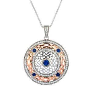 10k White and Rose Gold Diamond and Ceylon Vivid Blue Sapphire Brave Heart Pendant