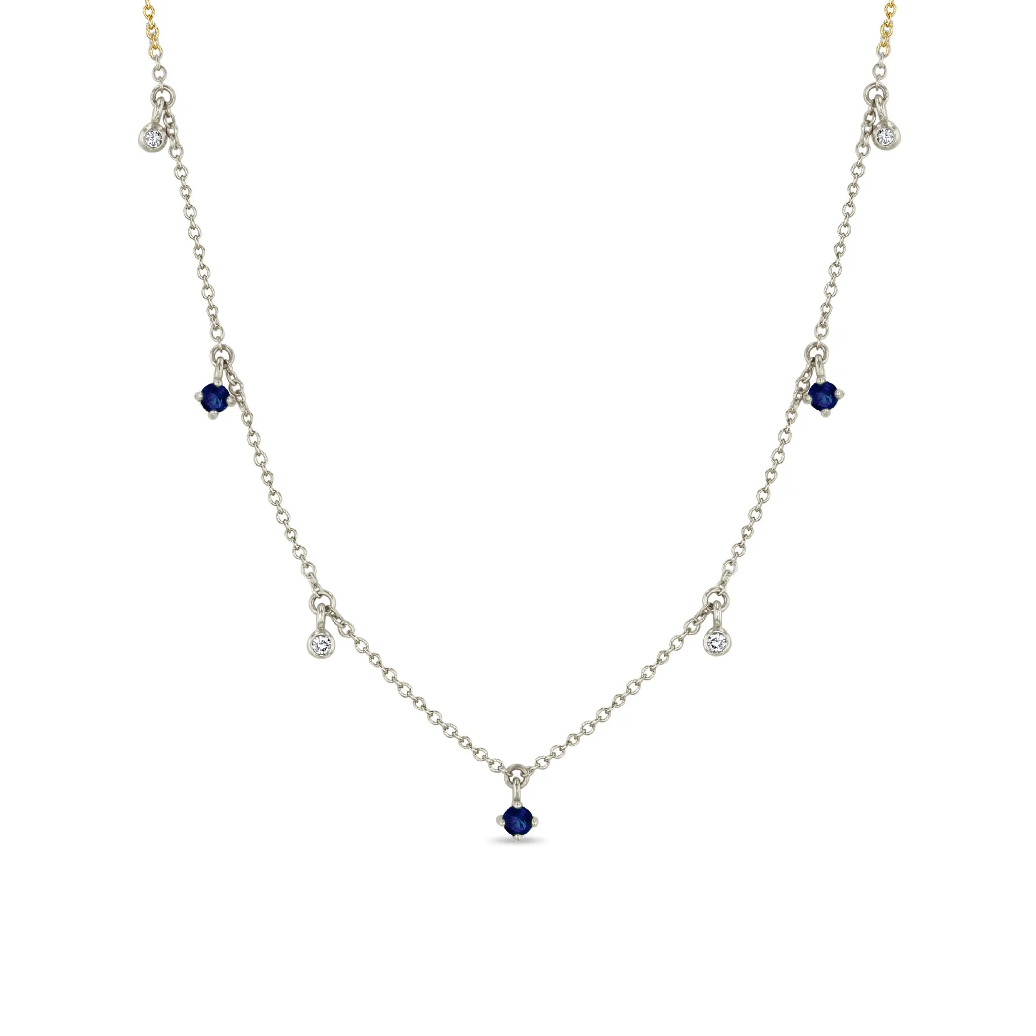 14k Dangling Mixed Round Blue Sapphires & Diamonds Necklace