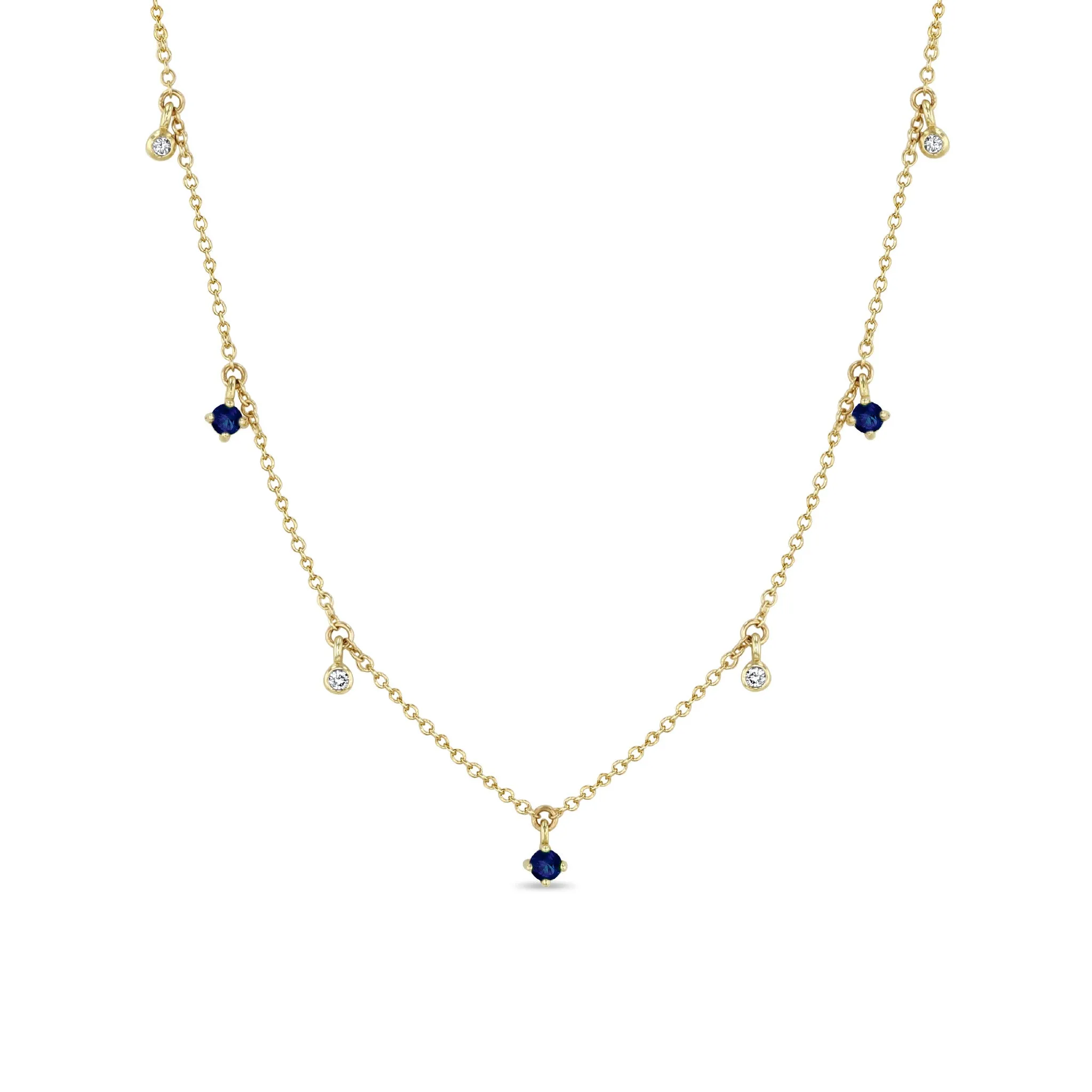 14k Dangling Mixed Round Blue Sapphires & Diamonds Necklace