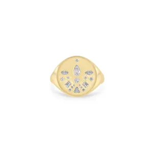 14k Diamond Mosaic Brushed Gold Round Signet Ring