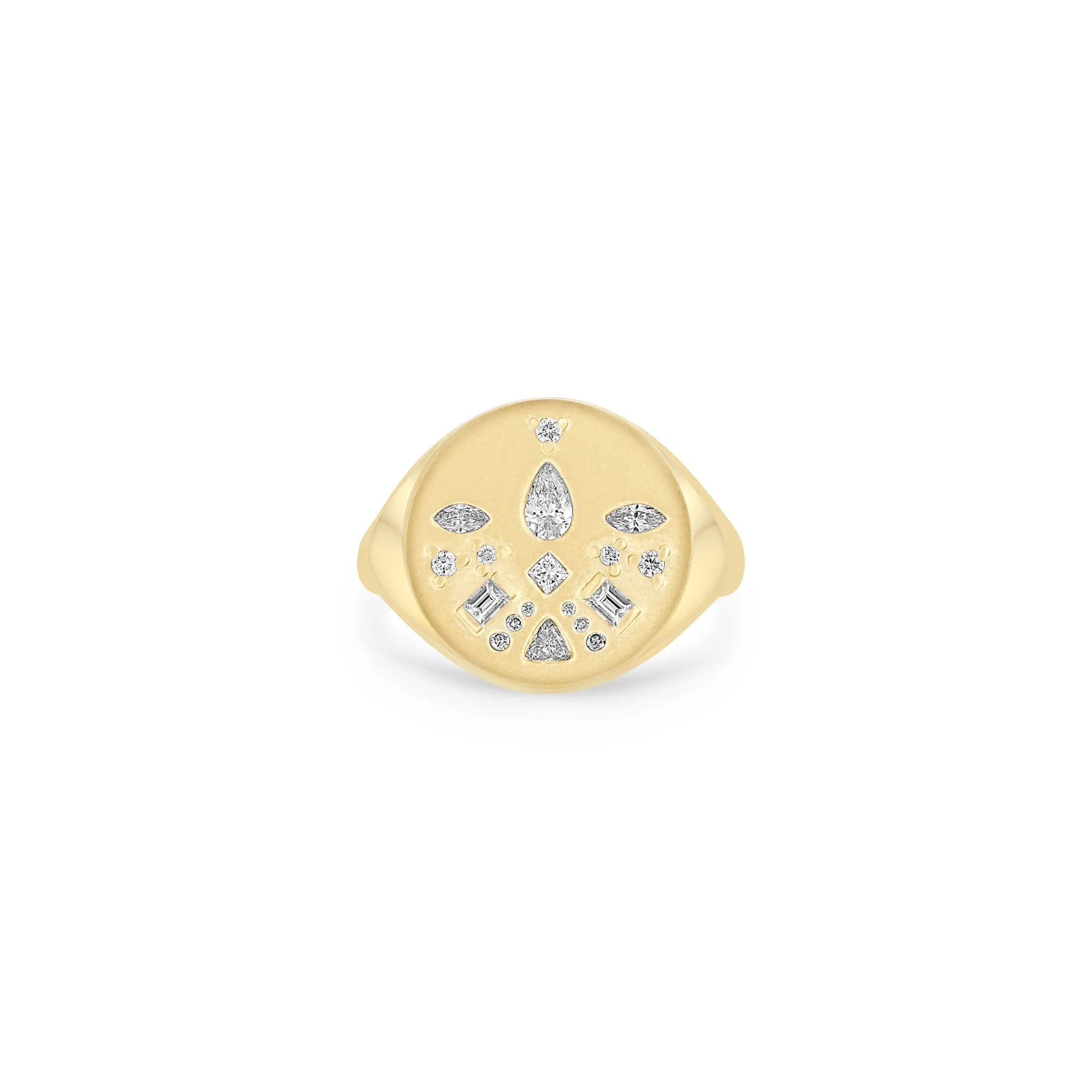 14k Diamond Mosaic Brushed Gold Round Signet Ring