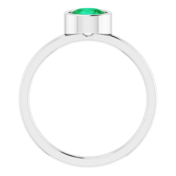 14K White 6 mm Natural Emerald Ring