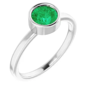 14K White 6 mm Natural Emerald Ring