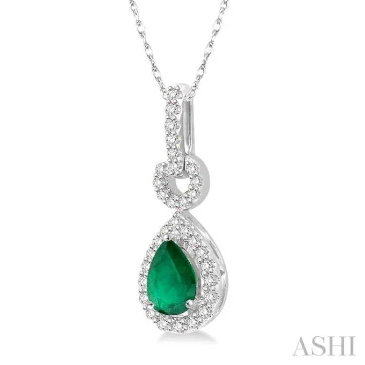 1/6 Ctw Round Cut Diamond and Pear Cut 6x4mm Emerald Drop Precious Pendant in 10K White Gold with chain