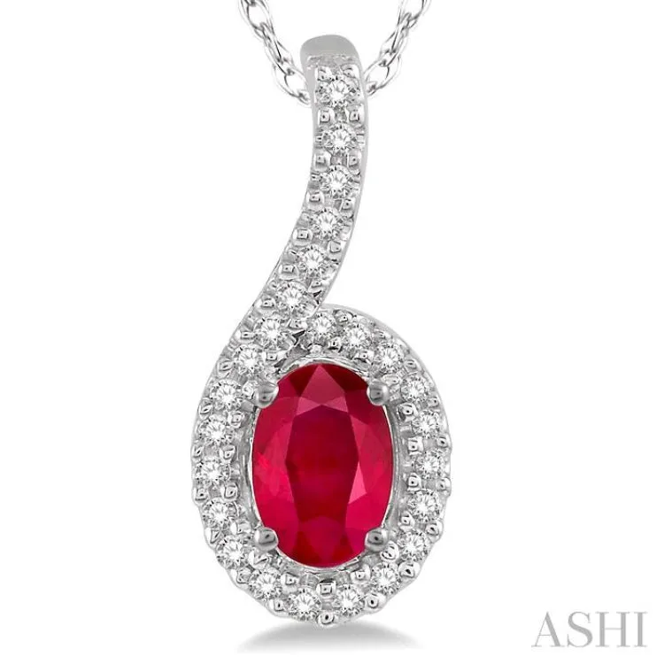 1/8 Ctw Oval Shape 6x4mm Ruby & Round Cut Diamond Precious Pendant in 10K White Gold