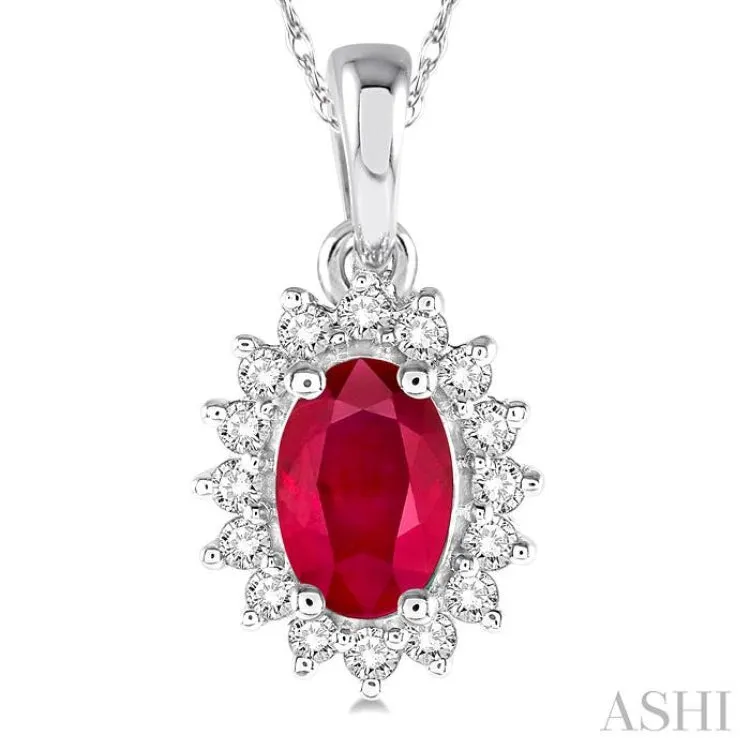 1/8 Ctw Round Cut Diamond and Oval Cut 6x4mm Ruby Center Sunflower Precious Pendant in 10K White Gold with chain