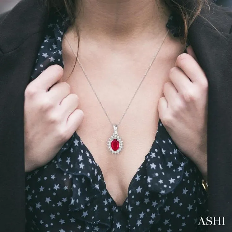 1/8 Ctw Round Cut Diamond and Oval Cut 6x4mm Ruby Center Sunflower Precious Pendant in 10K White Gold with chain