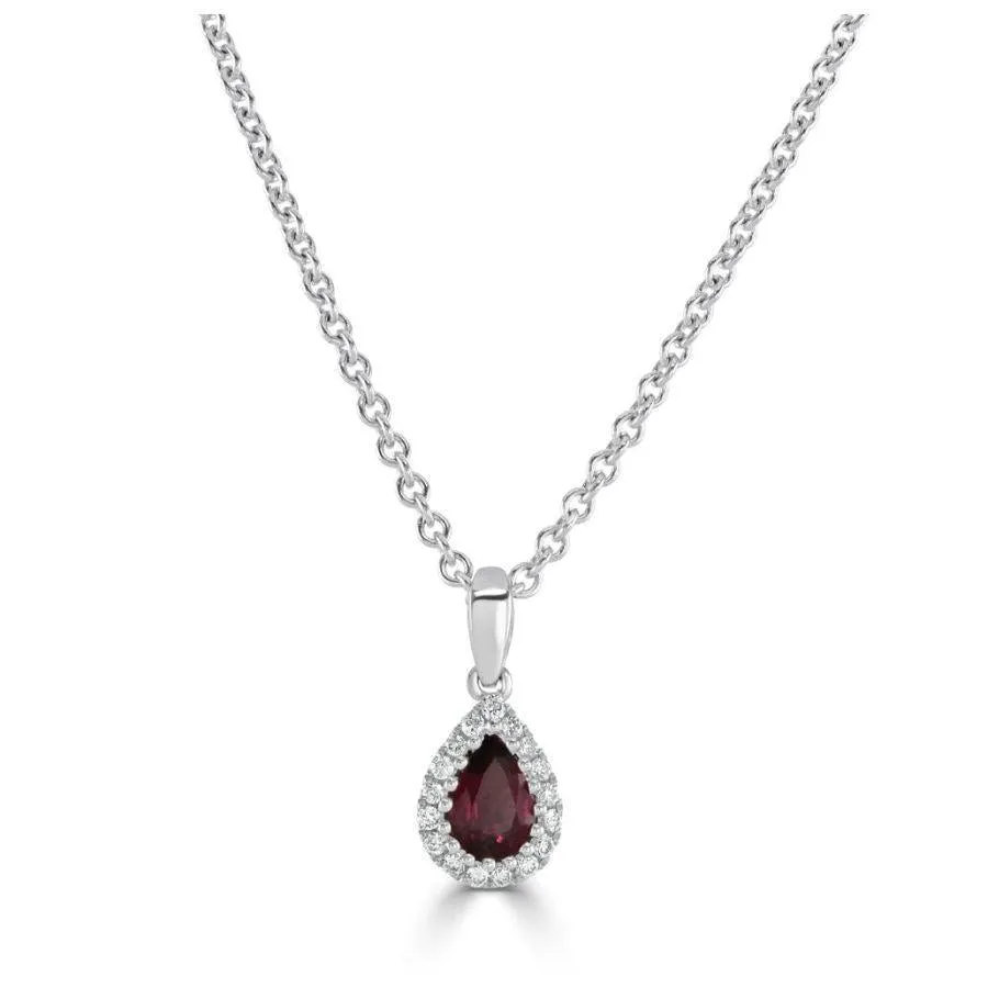 18ct White Gold Pear Cut Ruby & Diamond Halo Cluster Pendant