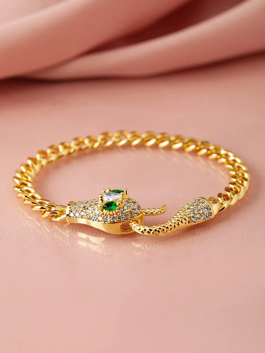 18K Gold-Plated Stainless Steel Tarnish-Free Waterproof Emerald & CZ Snake Bracelet