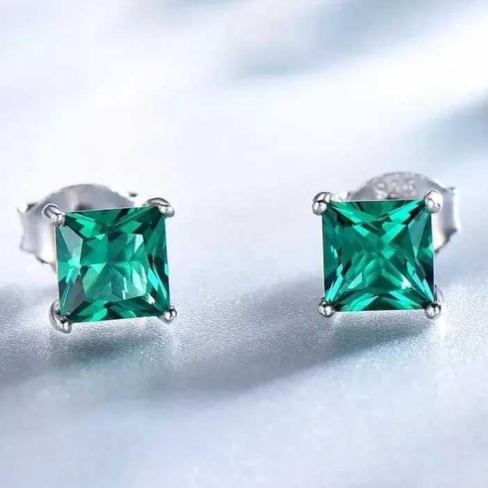 2.00 CTTW Sterling Silver Emerald Princess Cut Studs