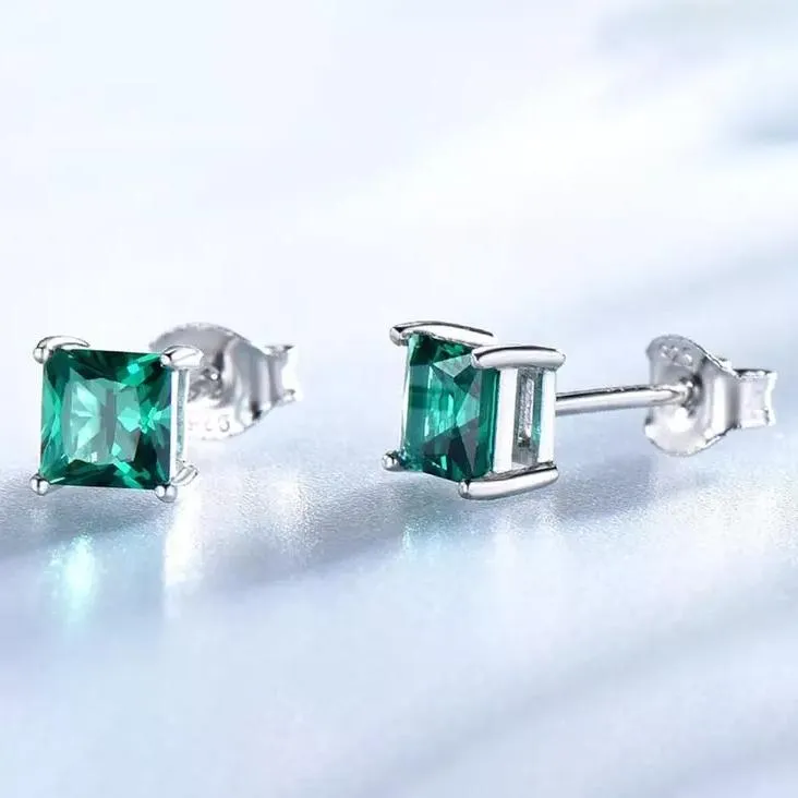 2.00 CTTW Sterling Silver Emerald Princess Cut Studs