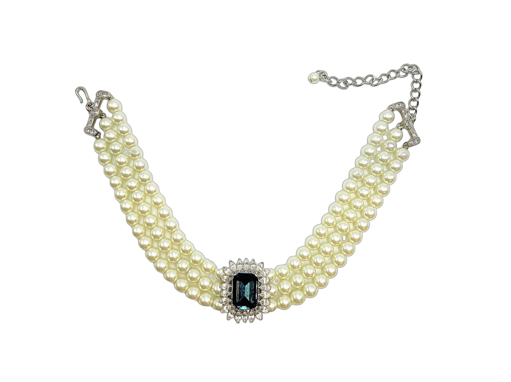 3 Row Pearl Choker With Sapphire and Crystal Center