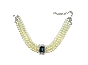 3 Row Pearl Choker With Sapphire and Crystal Center