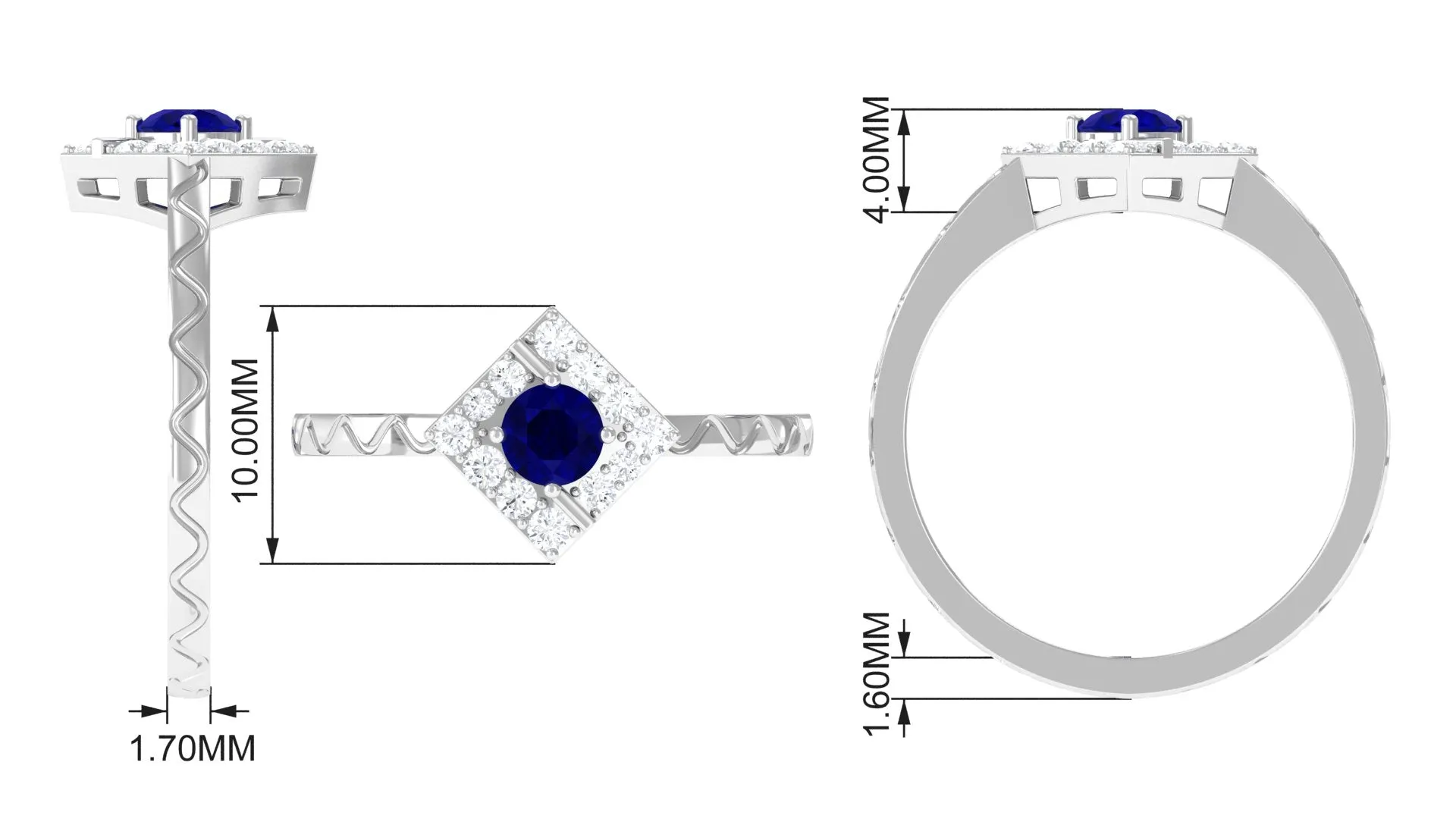 3/4 CT Minimal Blue Sapphire and Diamond Ring with Textured Details