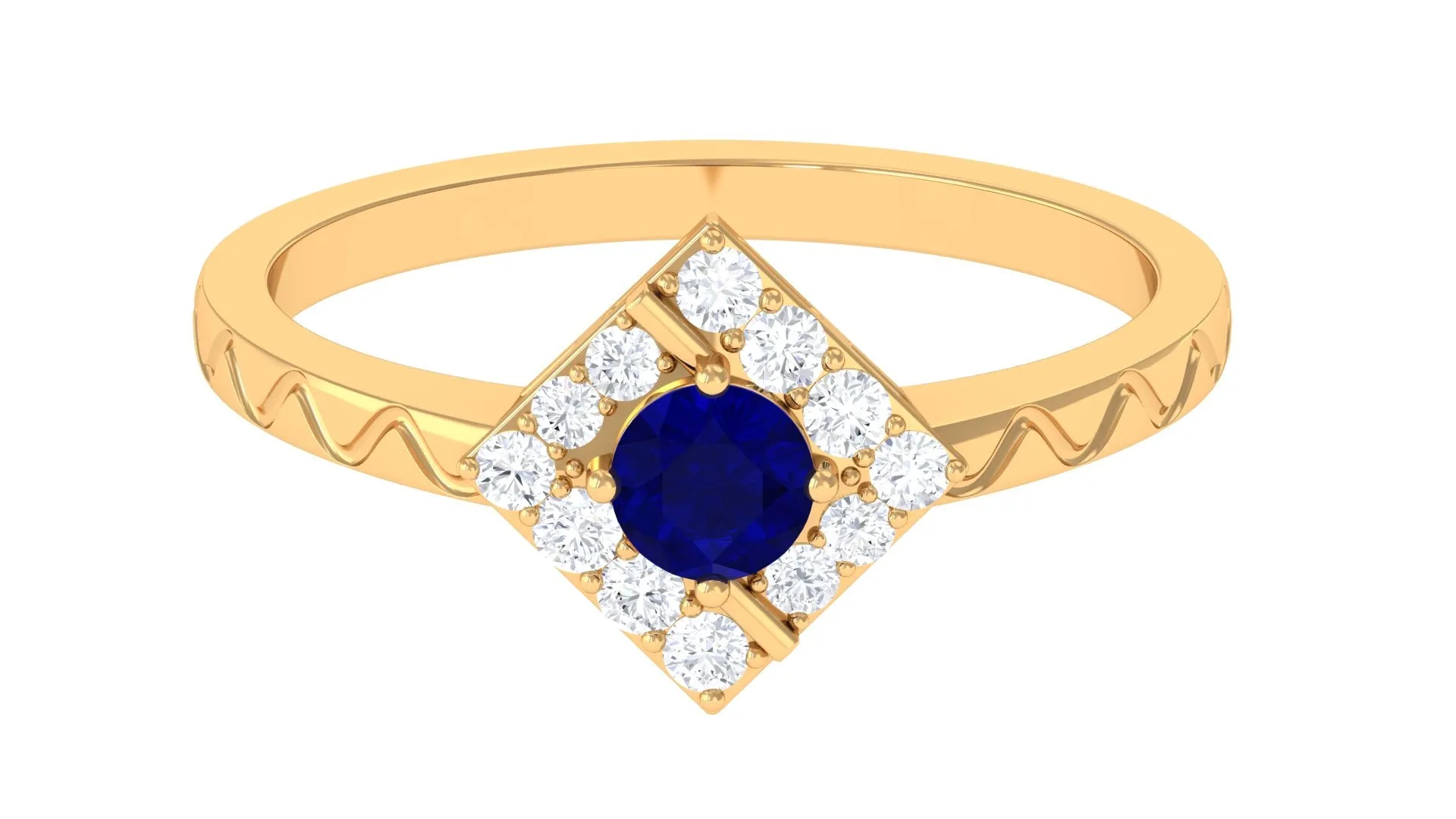 3/4 CT Minimal Blue Sapphire and Diamond Ring with Textured Details