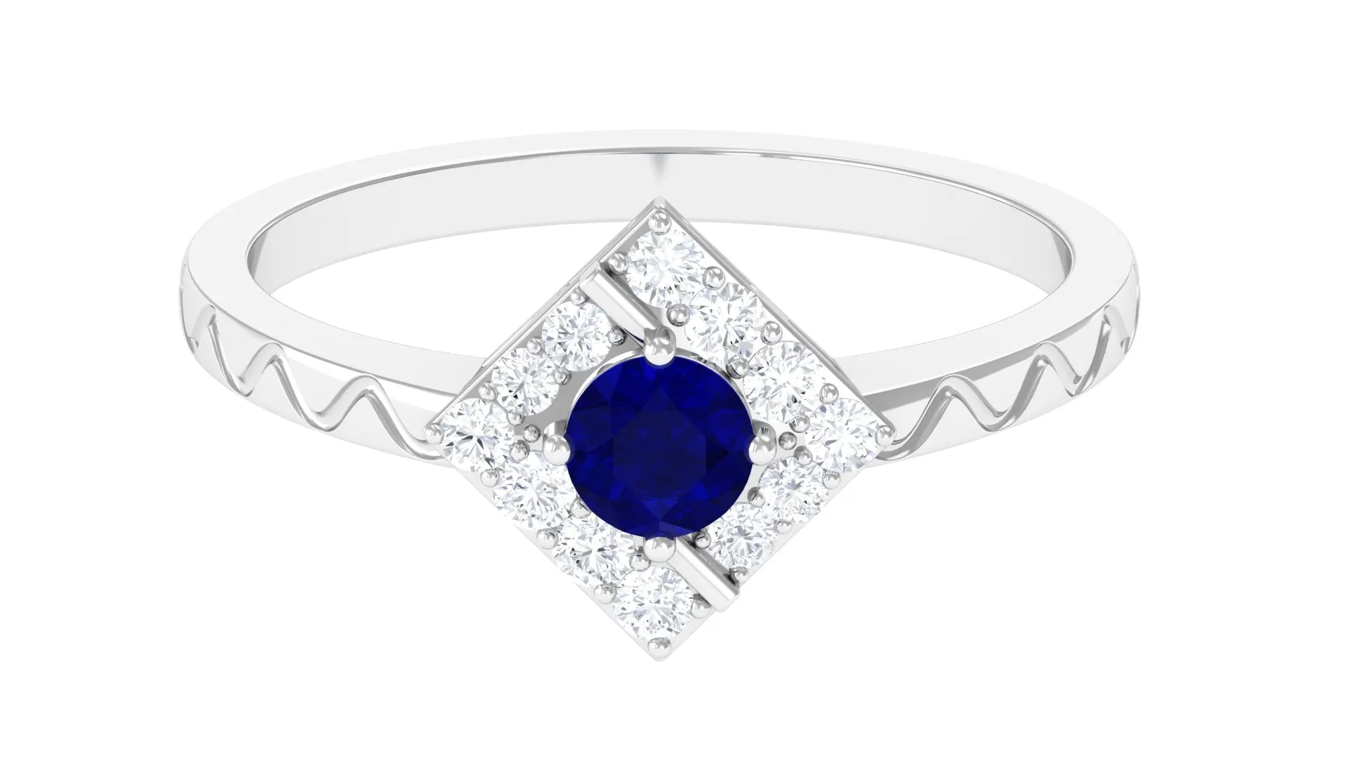 3/4 CT Minimal Blue Sapphire and Diamond Ring with Textured Details