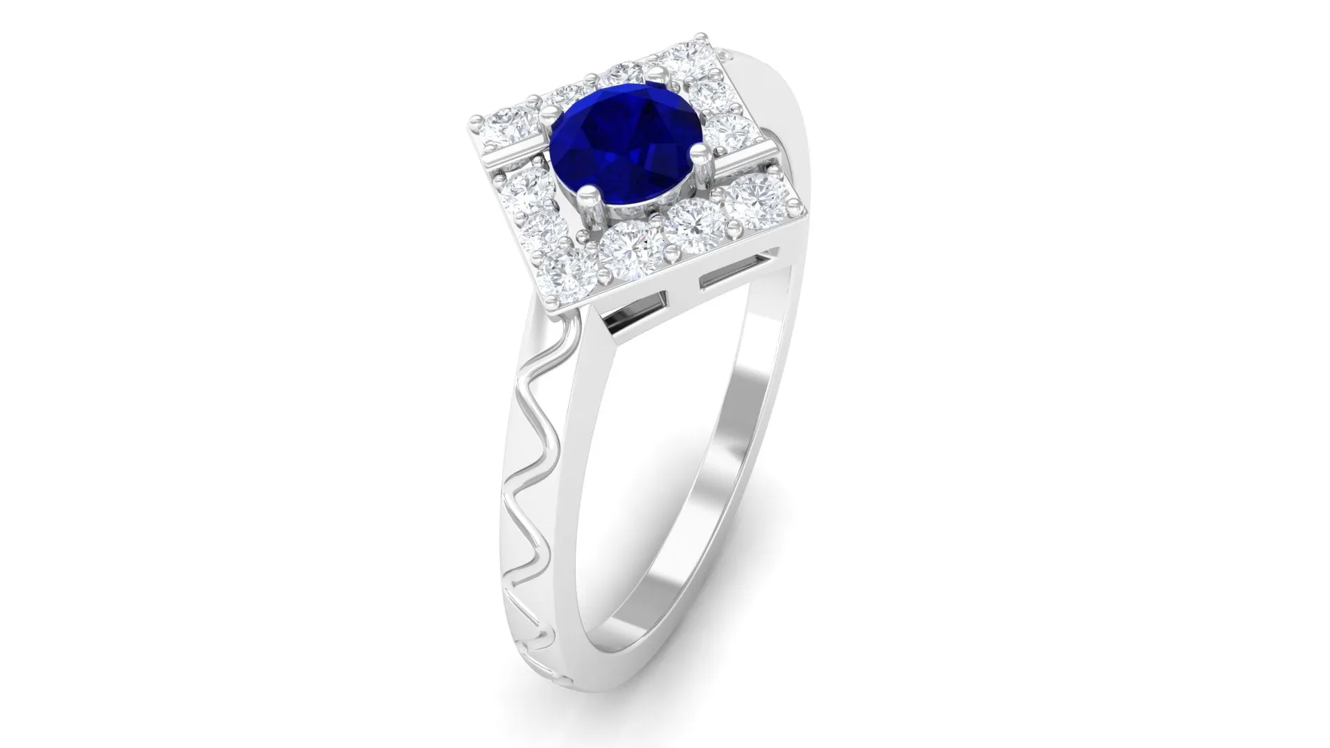 3/4 CT Minimal Blue Sapphire and Diamond Ring with Textured Details