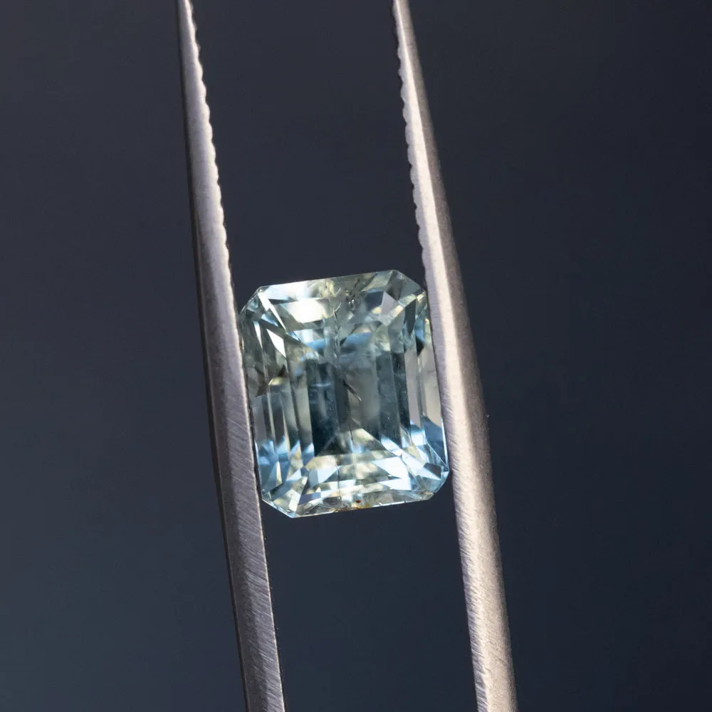 3.84CT UNTREATED EMERALD CUT MONTANA SAPPHIRE, LIGHT GREENISH BLUE AQUA, 8.60X7X5.94MM