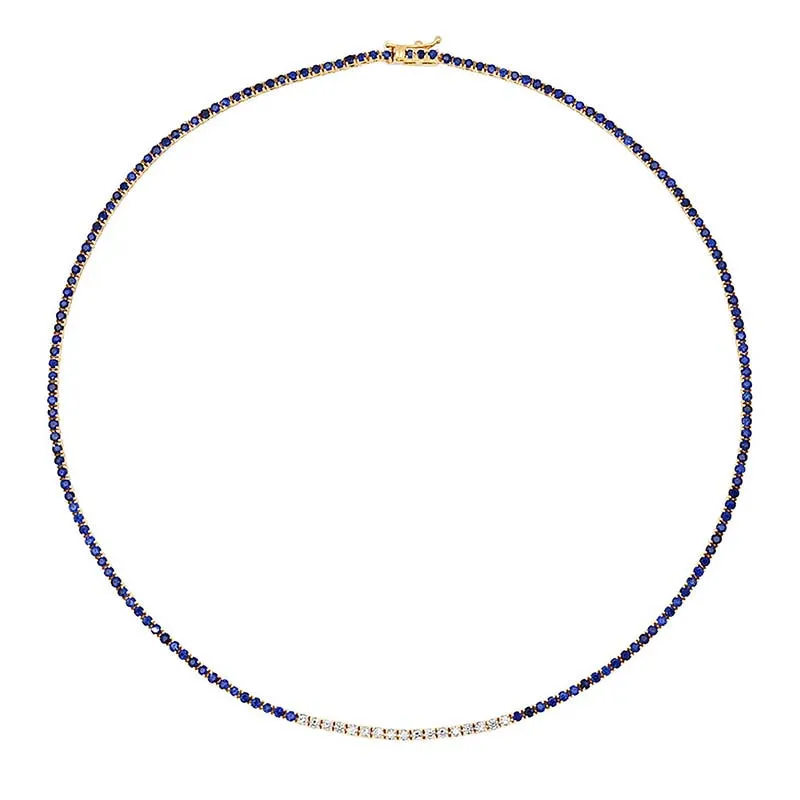 4-Prong Blue Sapphire and Diamond Tennis Necklace