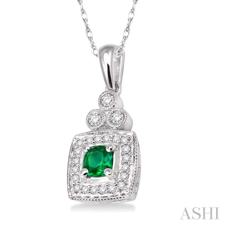 4x4MM Cushion Cut Emerald and 1/5 Ctw Round Cut Diamond Pendant in 14K White Gold with Chain