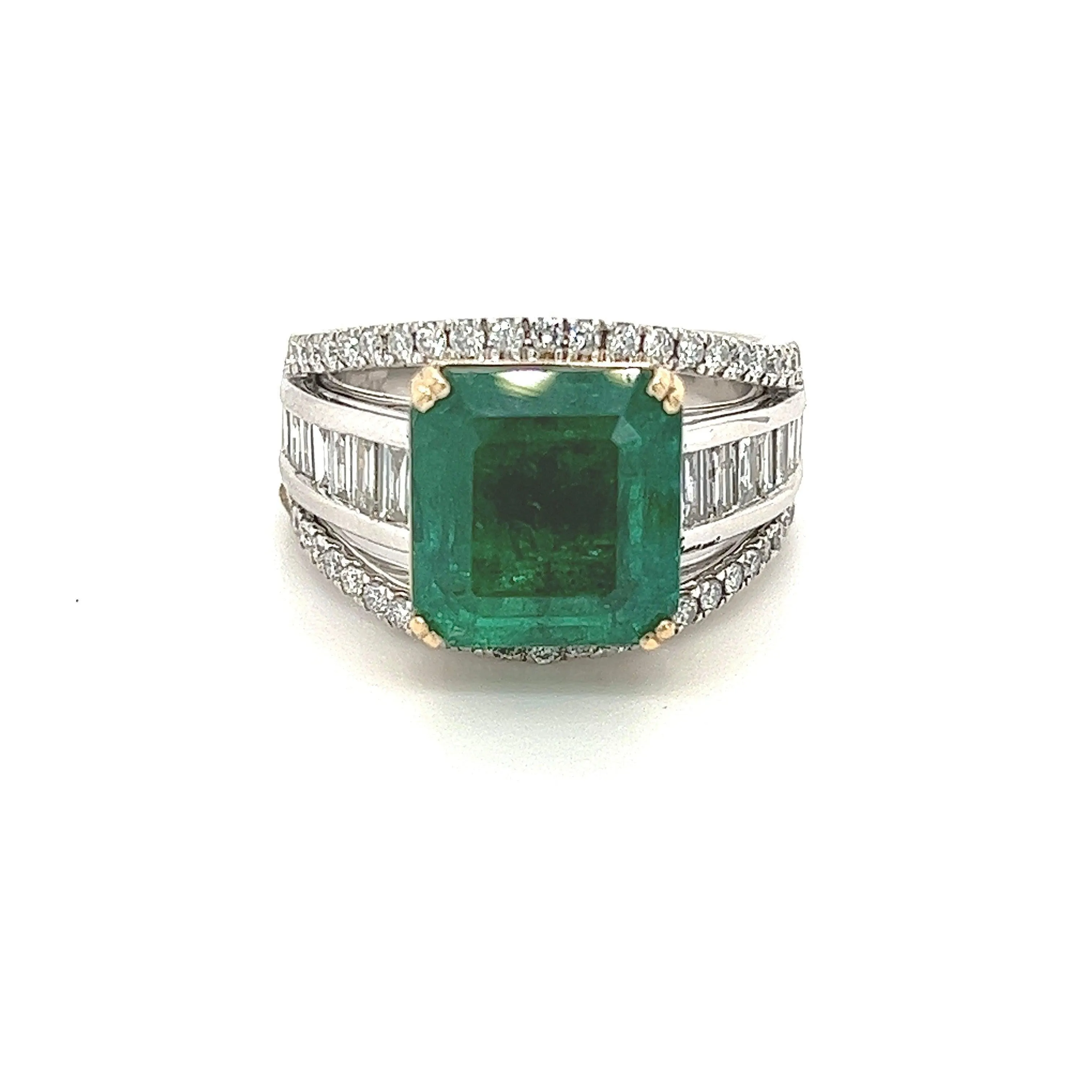 5 Carat Natural Emerald and Baguette Diamond 14k White Gold Art Deco Ring