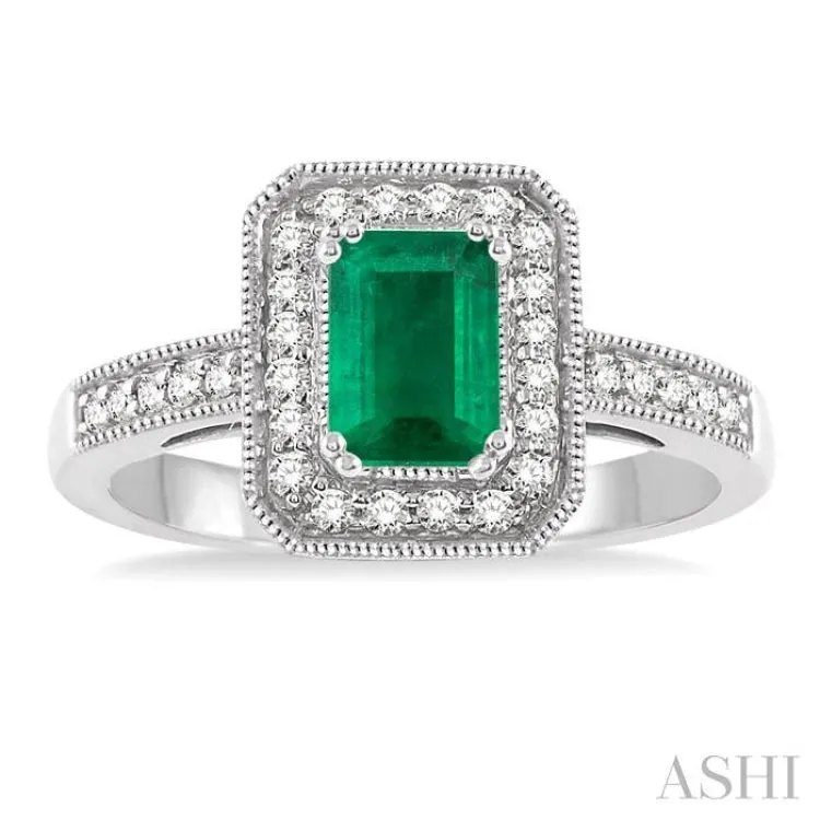 6x4 MM Octagon Cut Emerald and 1/4 Ctw Round Cut Diamond Ring in 14K White Gold