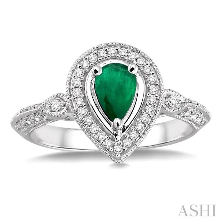 6x4mm Pear Shape Emerald and 1/6 Ctw Round Cut Diamond Ring in 14K White Gold