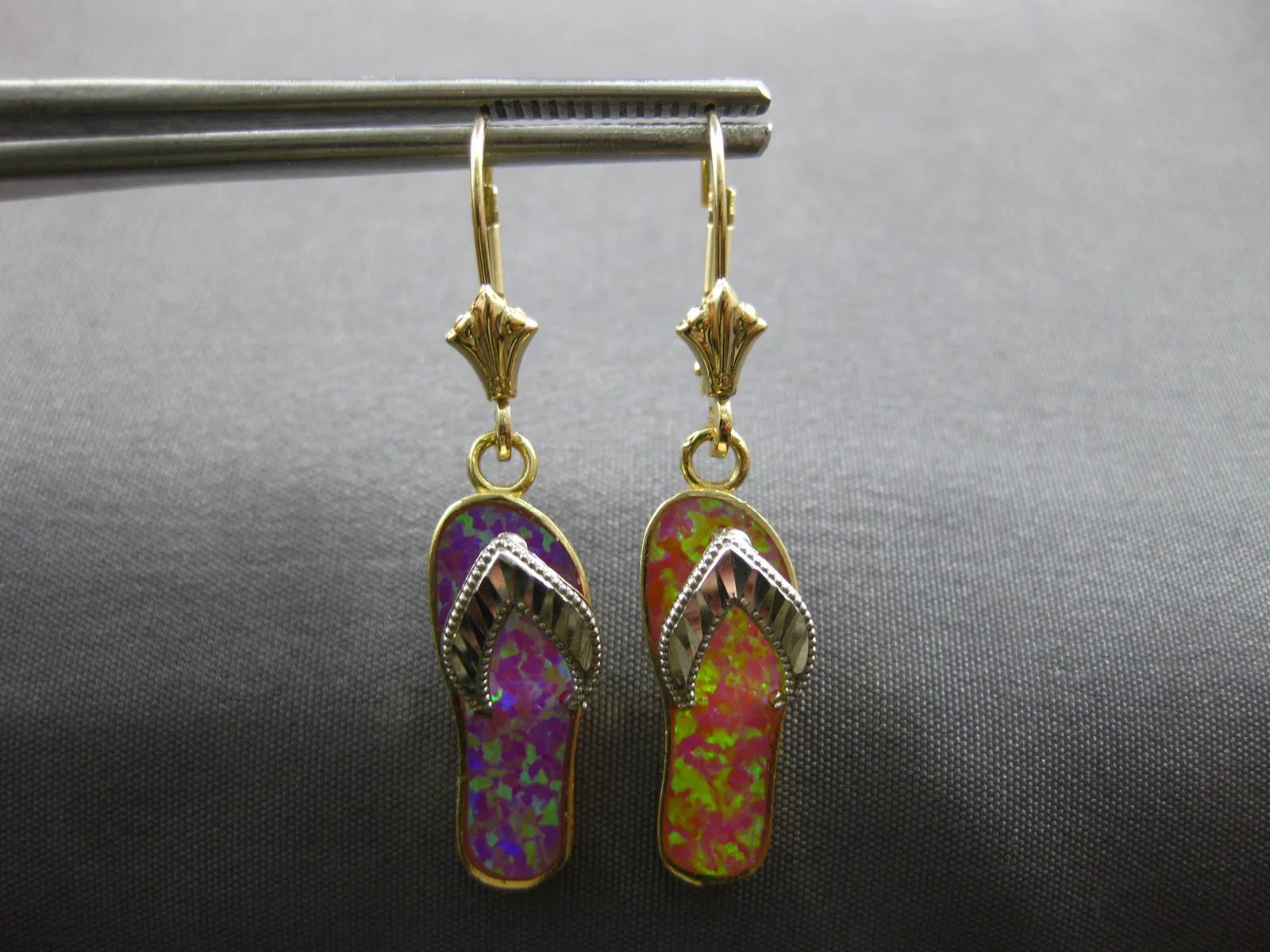 AAA MULTI COLOR OPAL 14KT 2 TONE GOLD SLIPPER LEVERBACK HANGING EARRINGS #27899