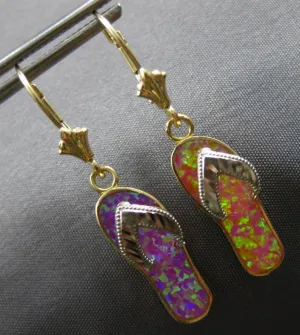 AAA MULTI COLOR OPAL 14KT 2 TONE GOLD SLIPPER LEVERBACK HANGING EARRINGS #27899