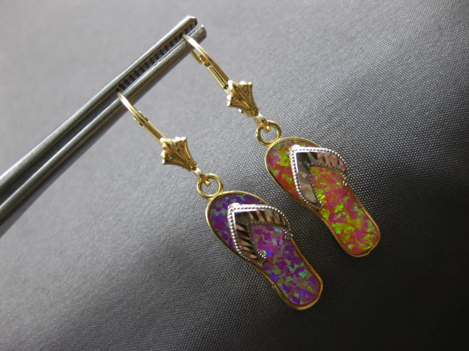 AAA MULTI COLOR OPAL 14KT 2 TONE GOLD SLIPPER LEVERBACK HANGING EARRINGS #27899