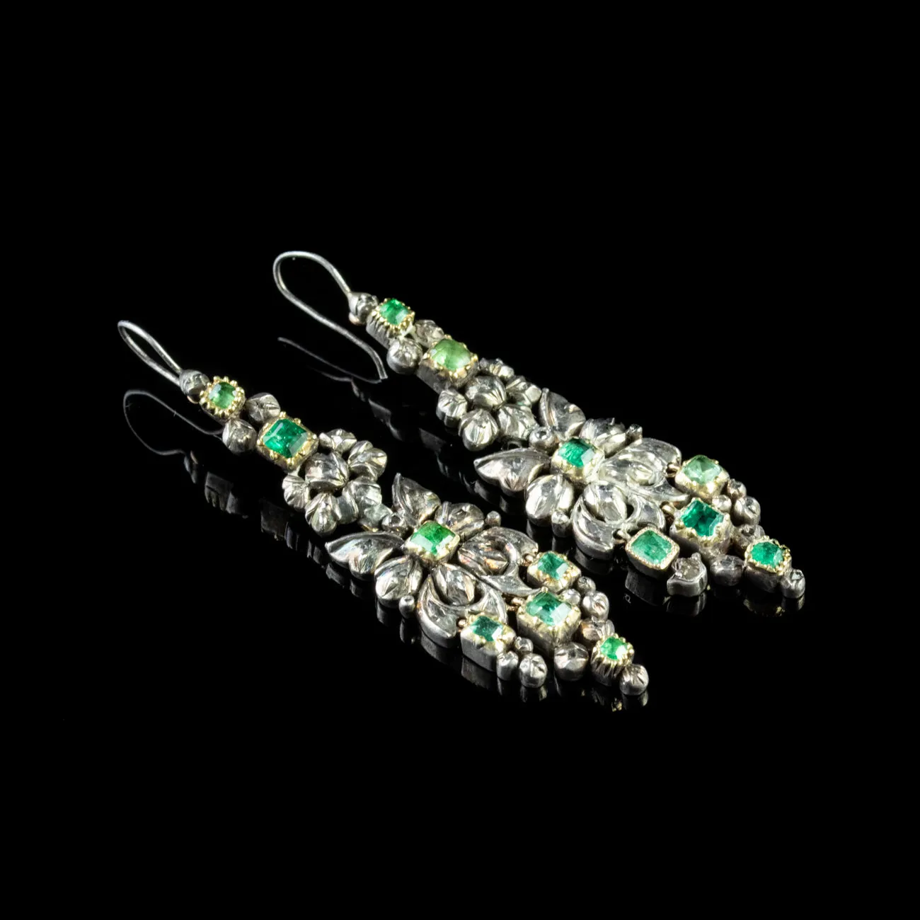 Antique Georgian Emerald Diamond Earrings Silver 18Ct Gold Circa 1800