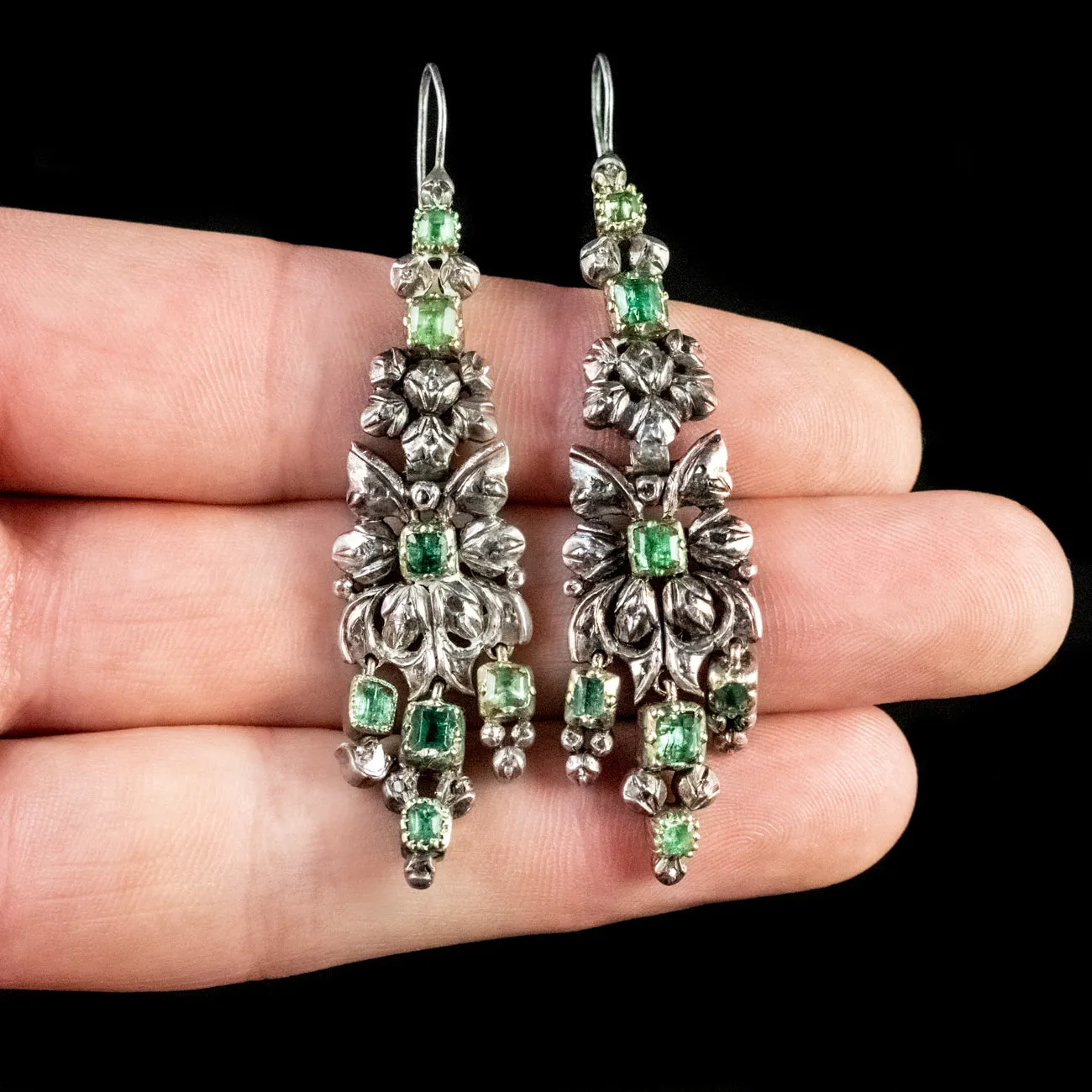 Antique Georgian Emerald Diamond Earrings Silver 18Ct Gold Circa 1800