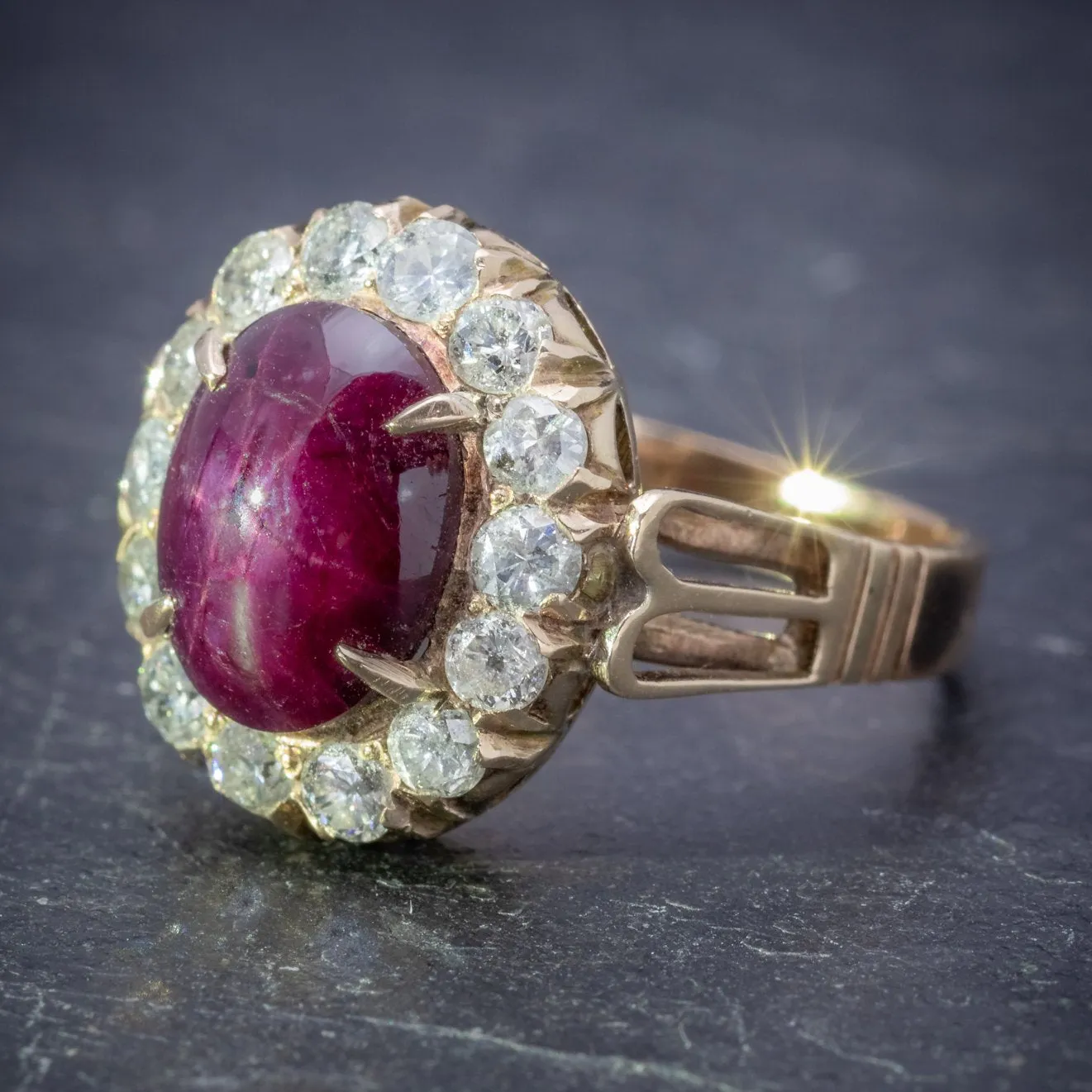 Antique Victorian Cabochon Star Ruby Diamond Ring 3Ct Ruby Circa 1880