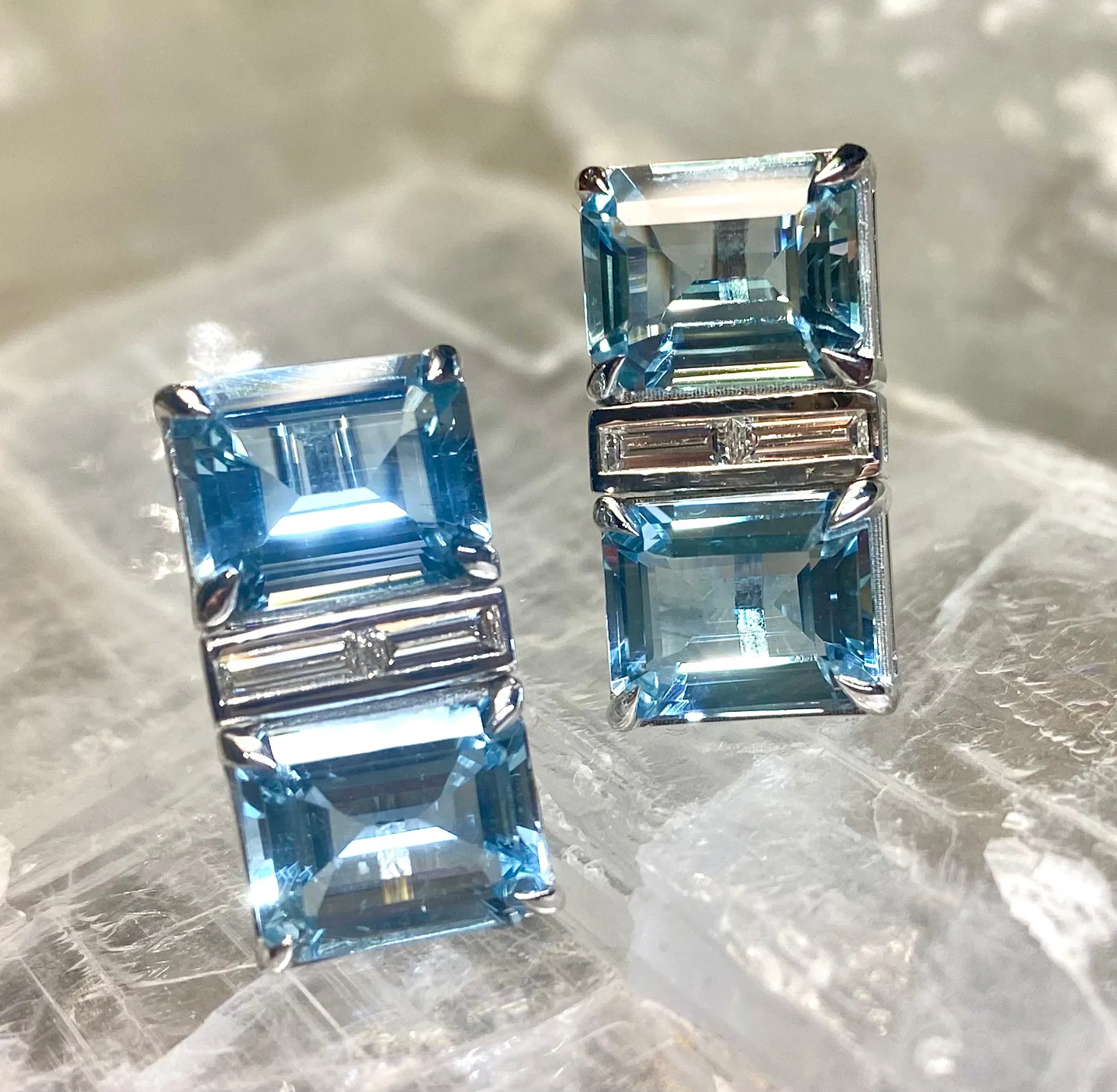 Aquamarine & Diamond Deco Gold Earrings