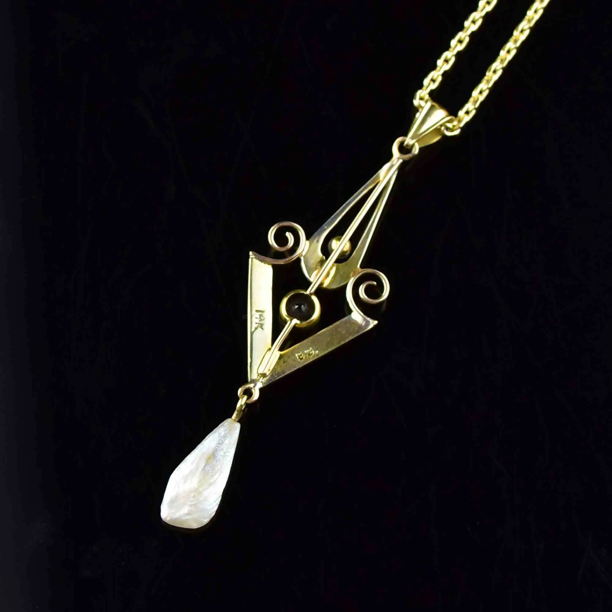 Art Nouveau 14K Gold Sapphire Pearl Lavaliere Necklace