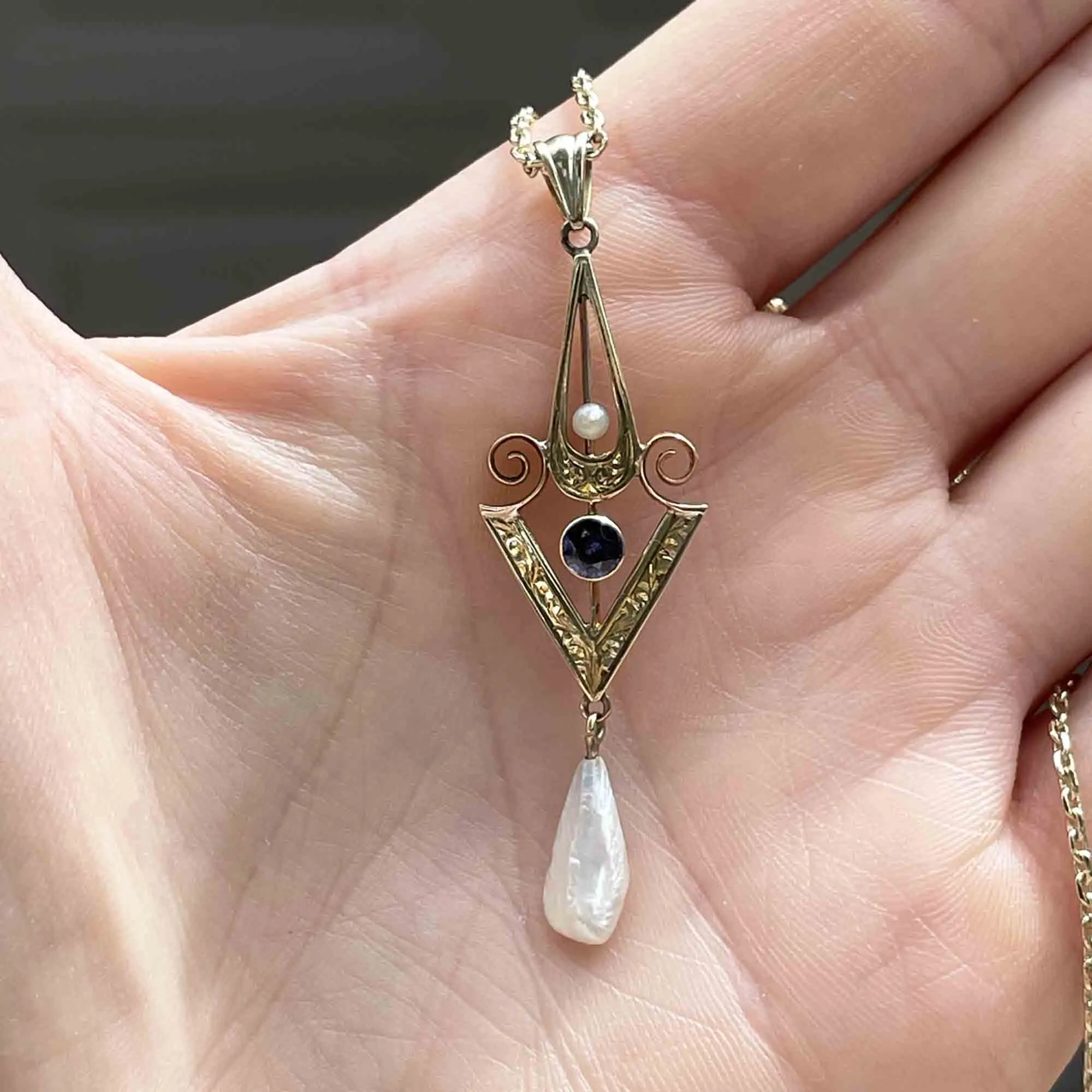 Art Nouveau 14K Gold Sapphire Pearl Lavaliere Necklace