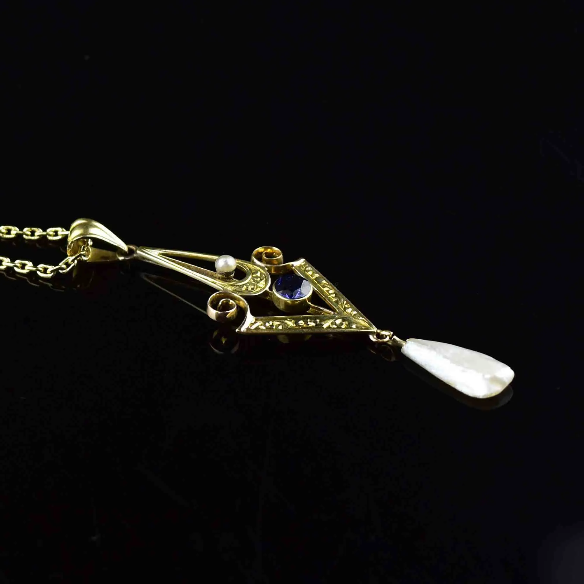 Art Nouveau 14K Gold Sapphire Pearl Lavaliere Necklace