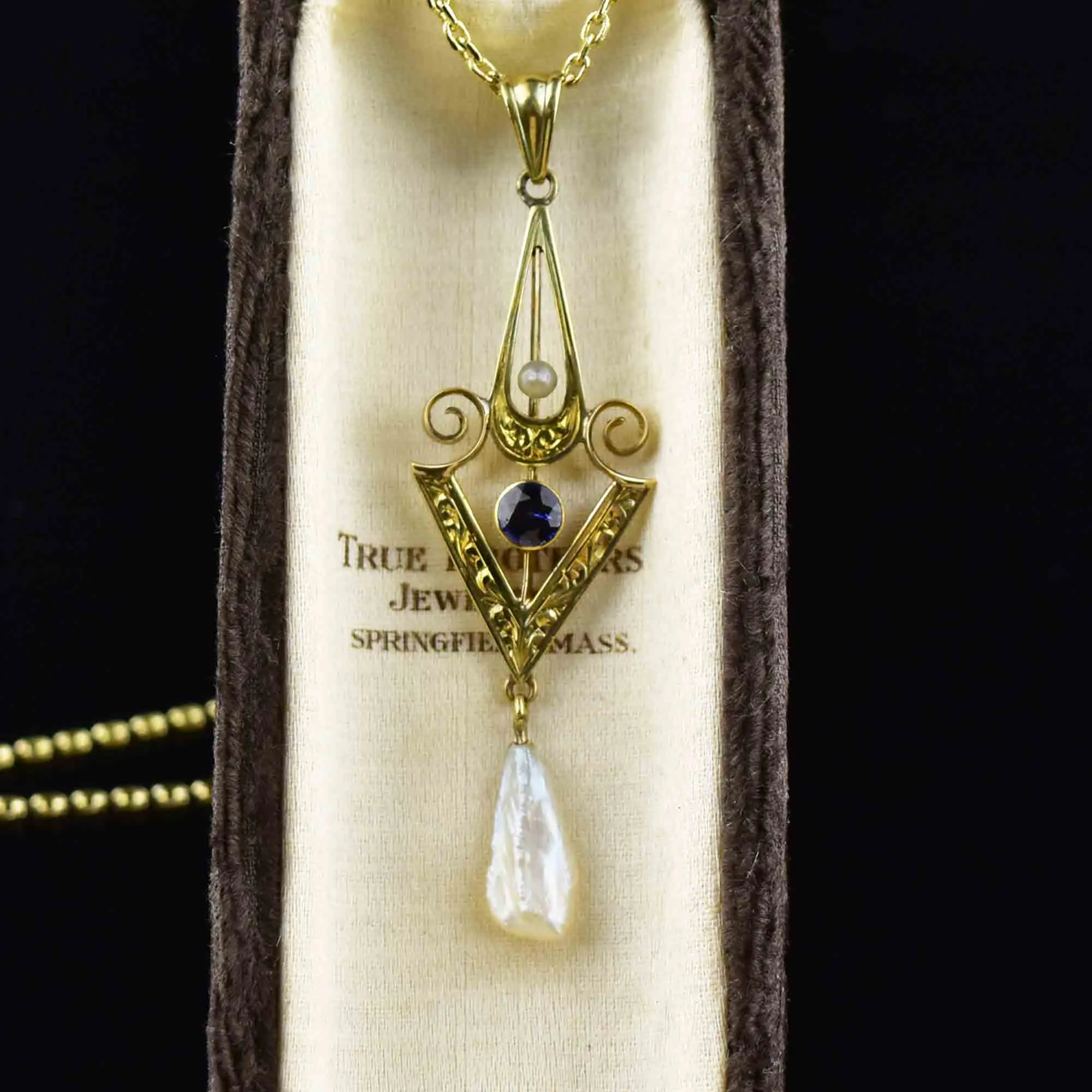 Art Nouveau 14K Gold Sapphire Pearl Lavaliere Necklace